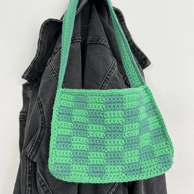 Brown Checkered Pattern Crochet Tote Bag – CHURI